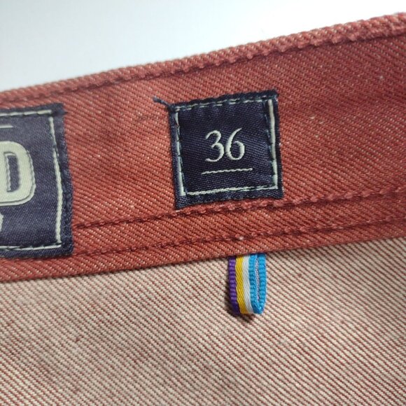 AKOO Mens Red Denim Jeans Straight Leg 36in X 33in Embroidered Pockets - Picture 10 of 14